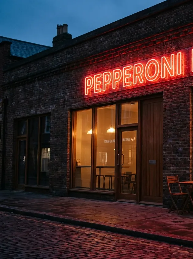 Pepperoni Palace pizza restaurant storefront with neon sign