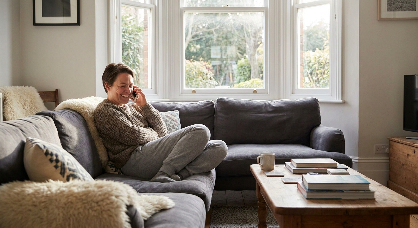 Happy customer at home on their phone delighted with the customer service they are receiving